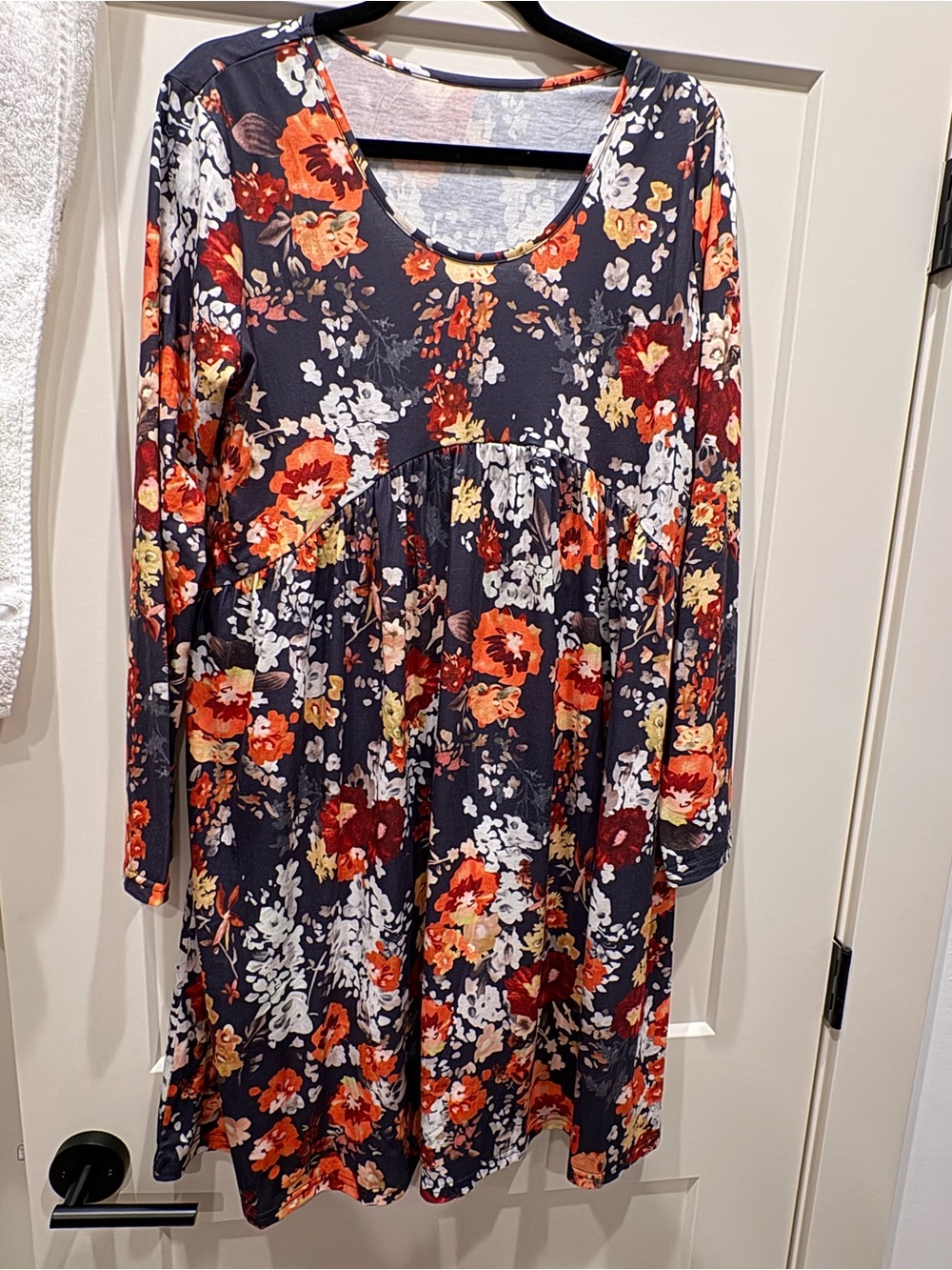 Amazon Women's Navy Floral Long-Sleeve Swing Dress with Orange & White Flowers